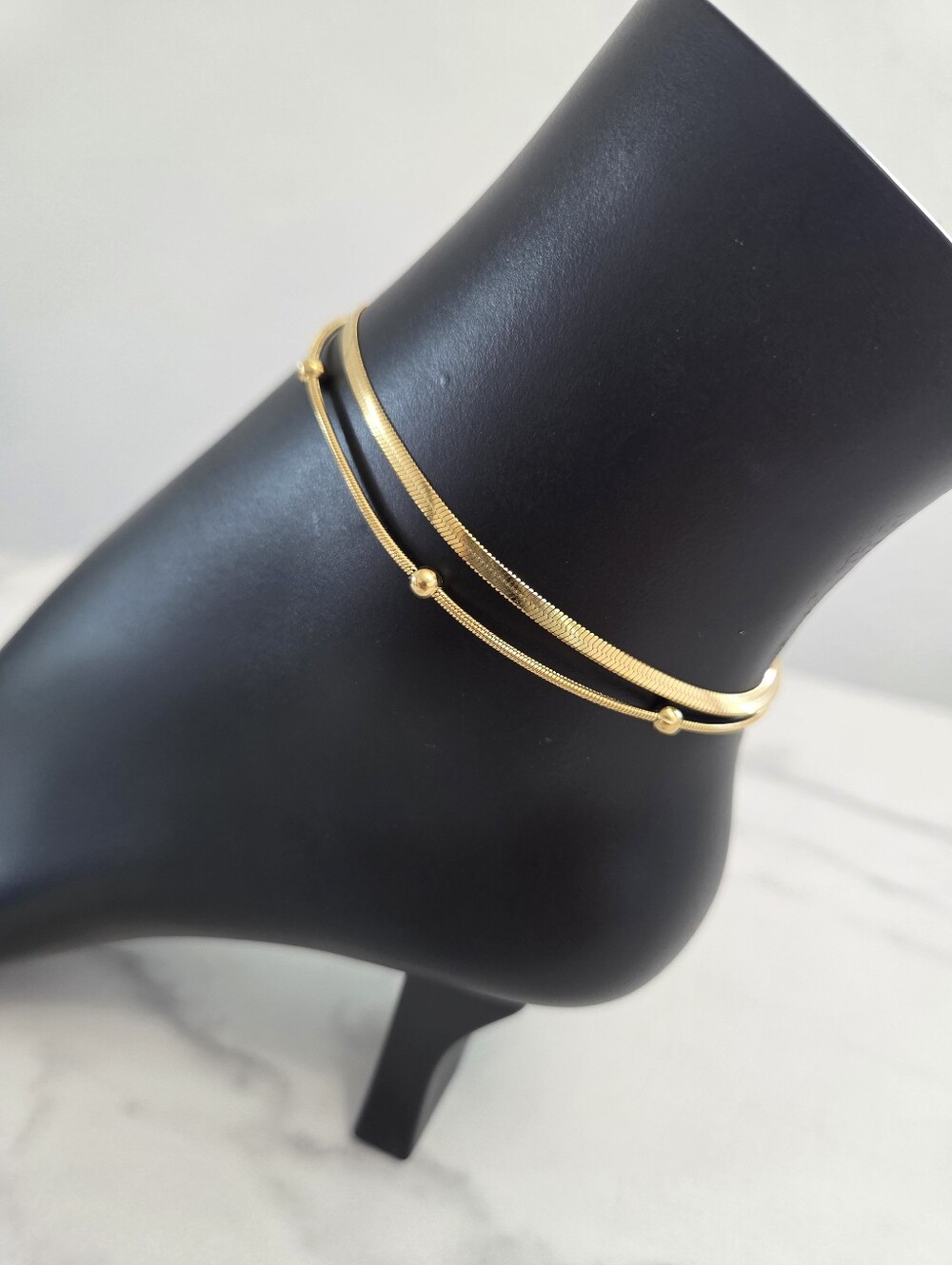 Gold Double Layered Anklet Herringbone and Bead Chain Adjustable - Picture 4 of 9
